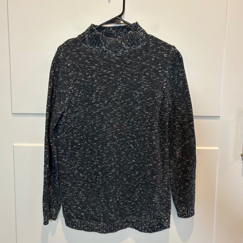 Ann Taylor Factory Speckled Mock Neck Sweater Pullover Black White Medium